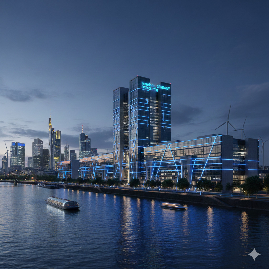 Modernes Frankfurter Rechenzentrum am Mainufer mit Neonbeleuchtung